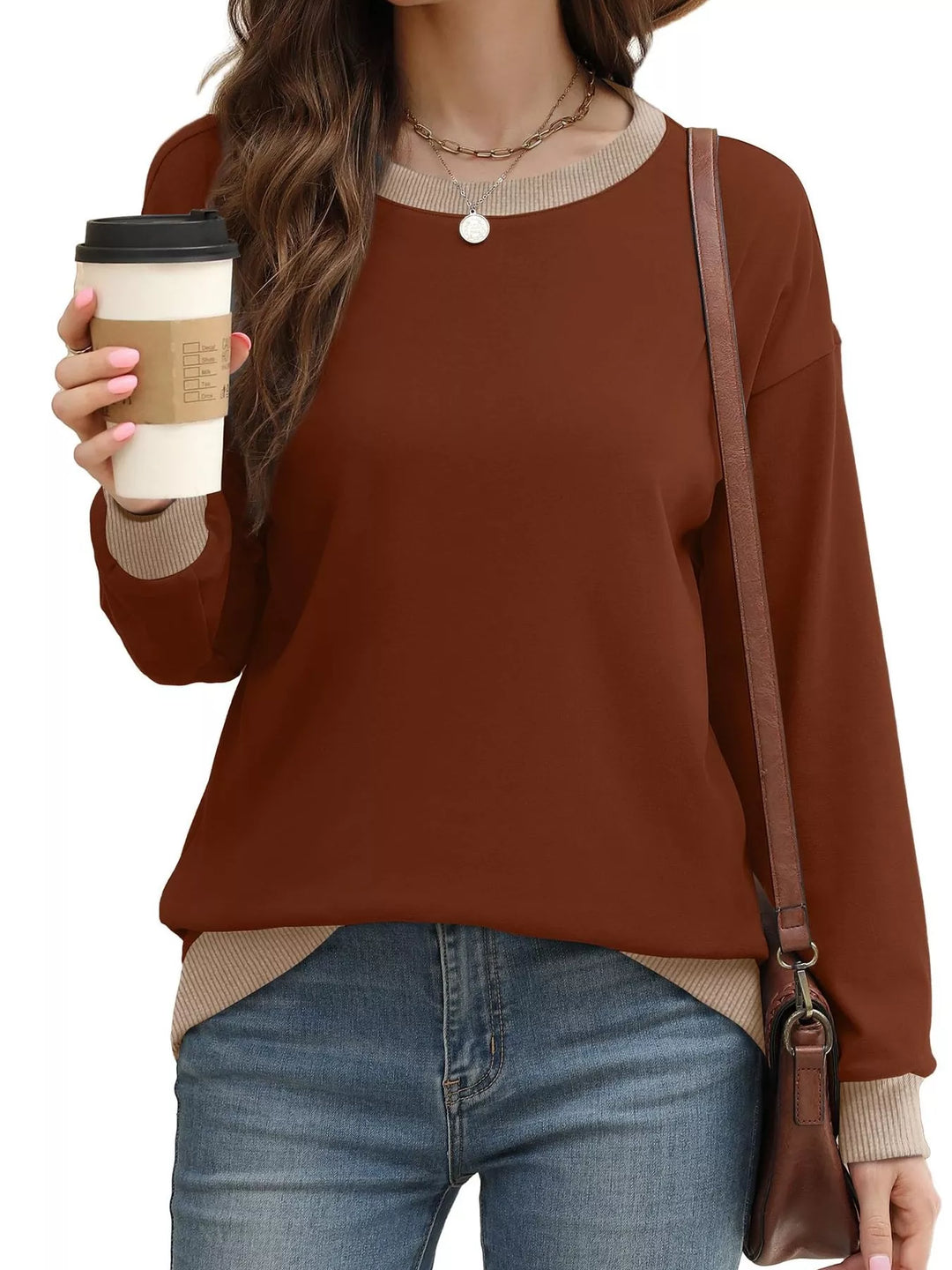 Drop-shoulder crew neck sweatshirt with contrast ribbed trim