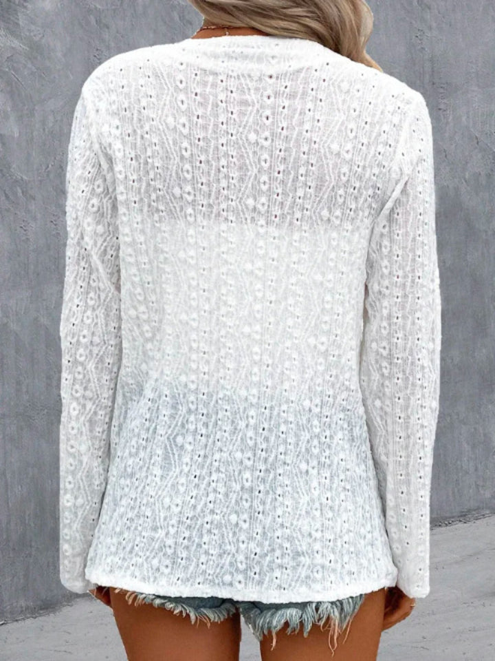 Eyelet embroidered open-front draped cardigan