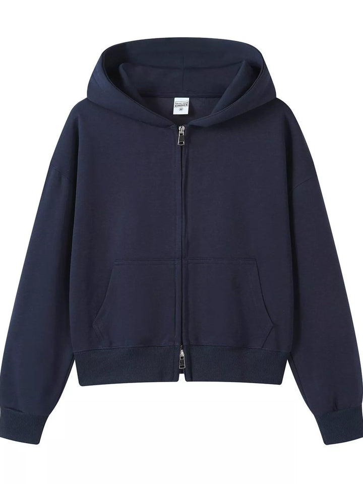 Navy Zip-up hoodie with front pockets and ribbed cuffs
