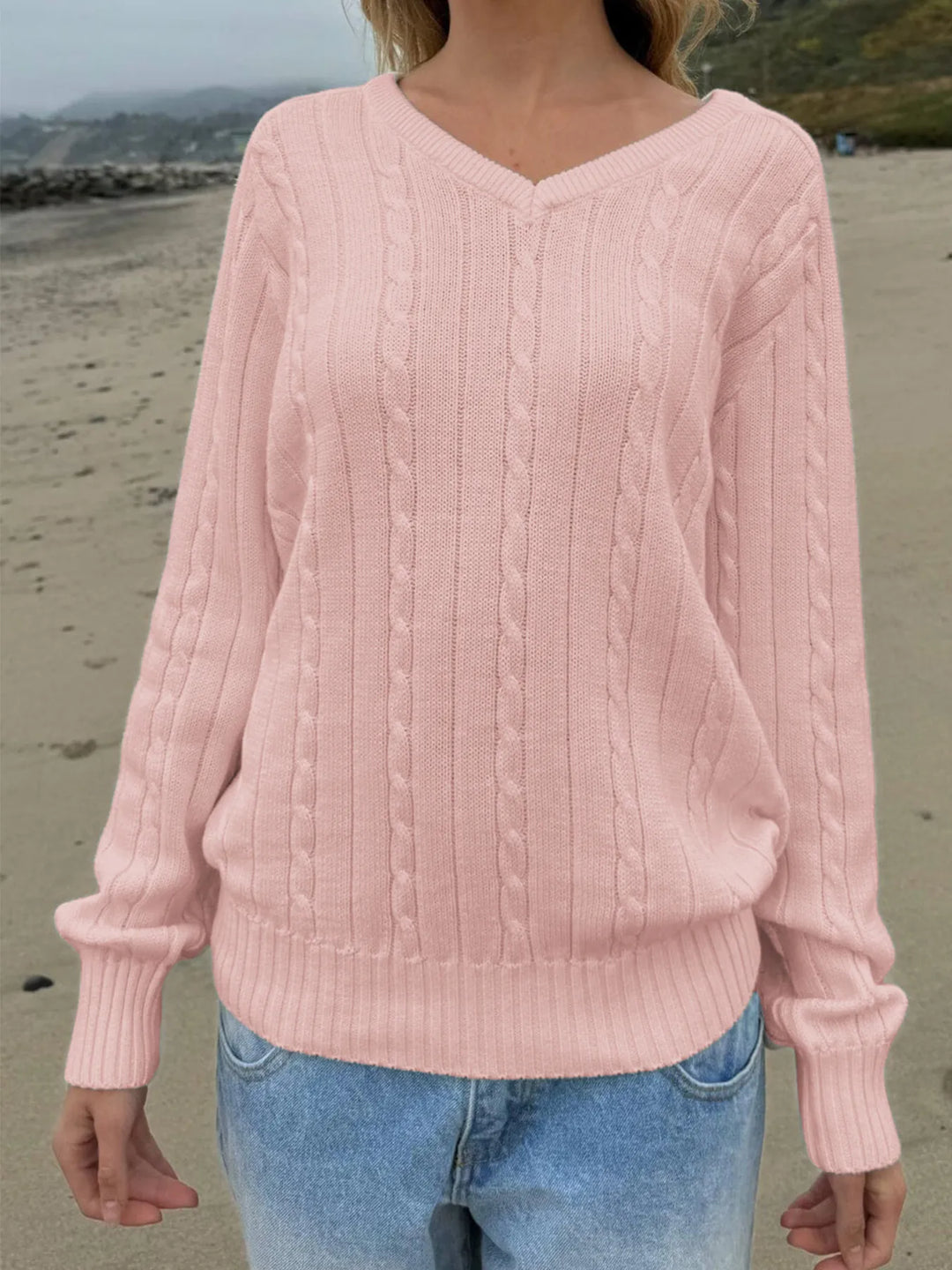 Cable knit V-neck pullover sweater with ribbed trim