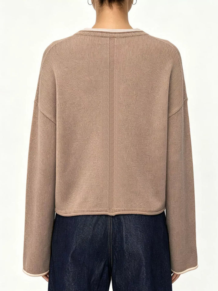 Drop shoulder crew neck sweater with contrast trim
