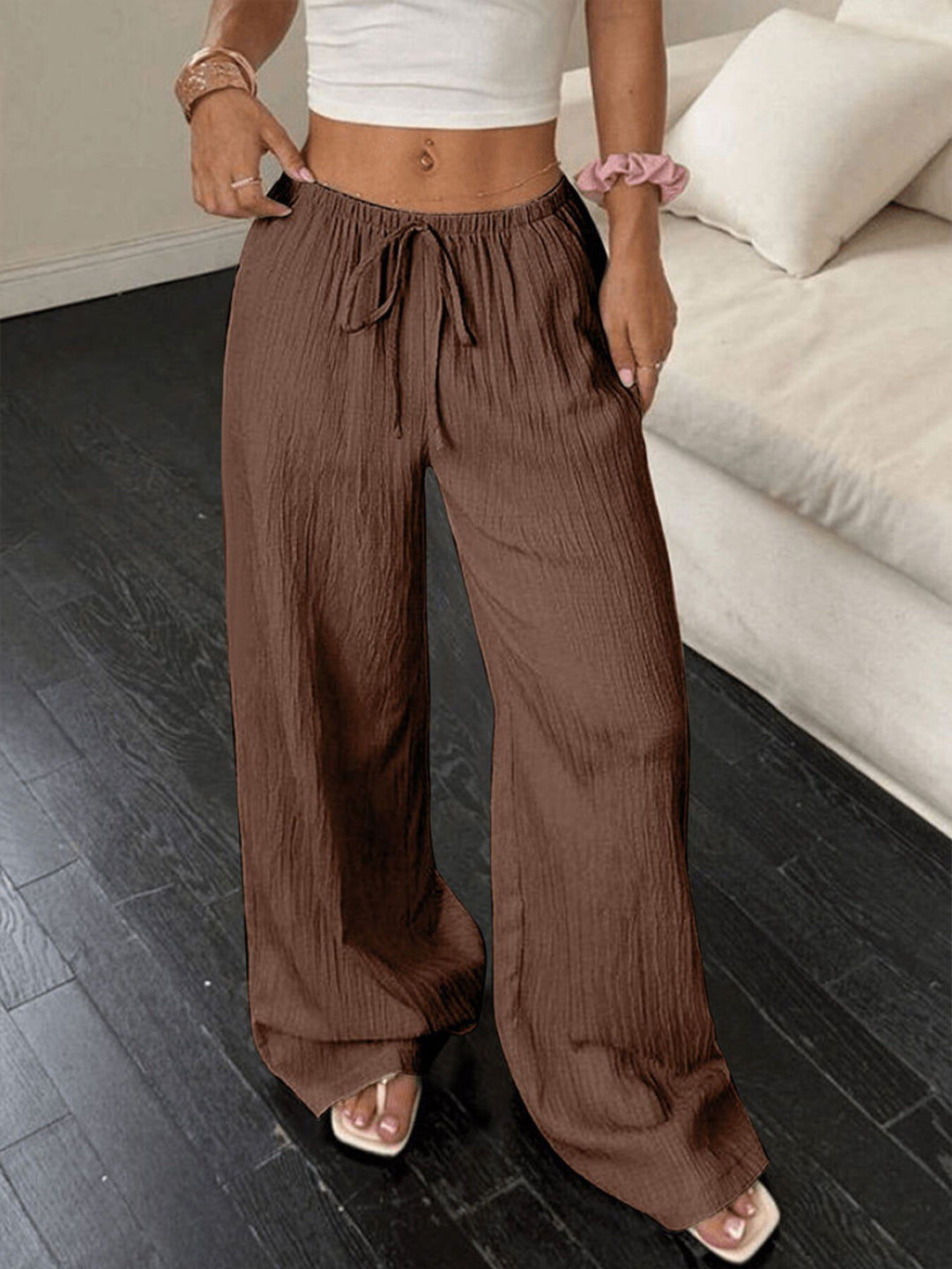 Brown Crinkle textured wide leg pants with drawstring waist
