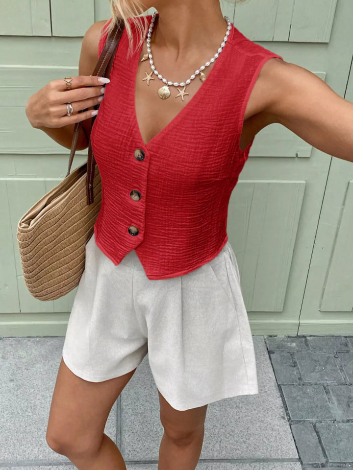Textured cotton gauze button-front cropped vest