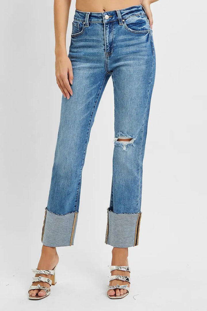 MEDIUM Distressed high-rise straight-leg jeans with wide cuff