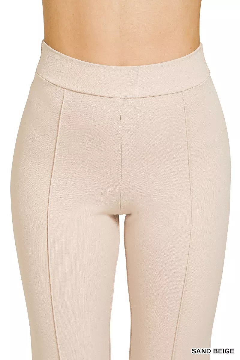 Pintuck front ponte flare pants with elastic waistband