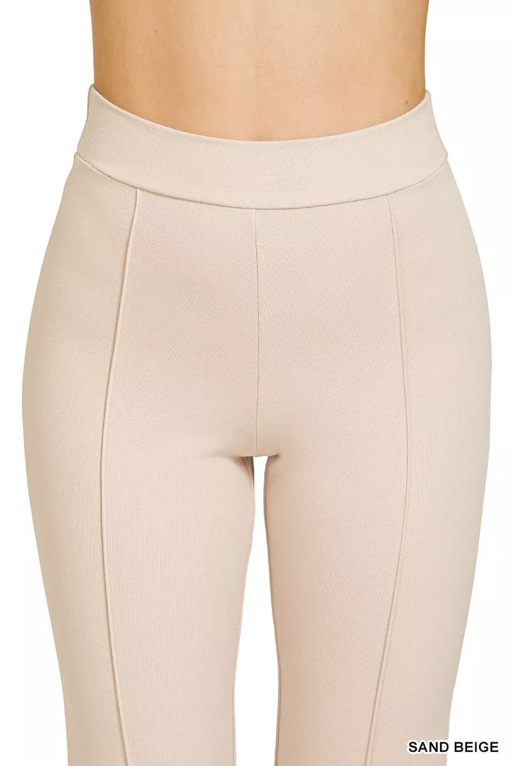 Pintuck front ponte flare pants with elastic waistband