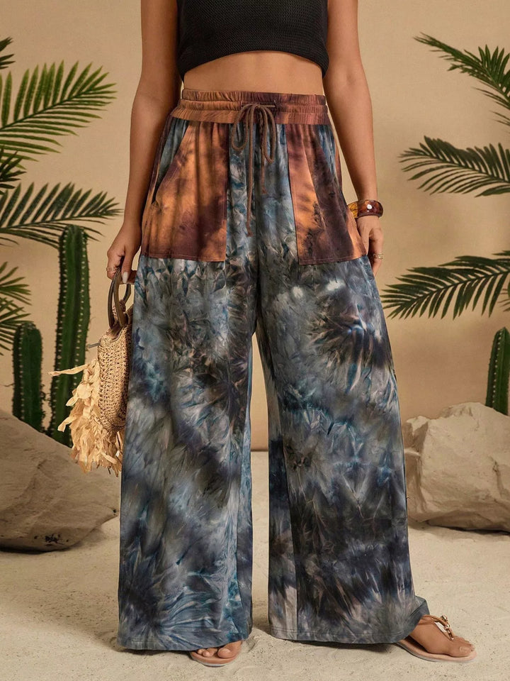 Tie-dye wide-leg drawstring pants with side slit