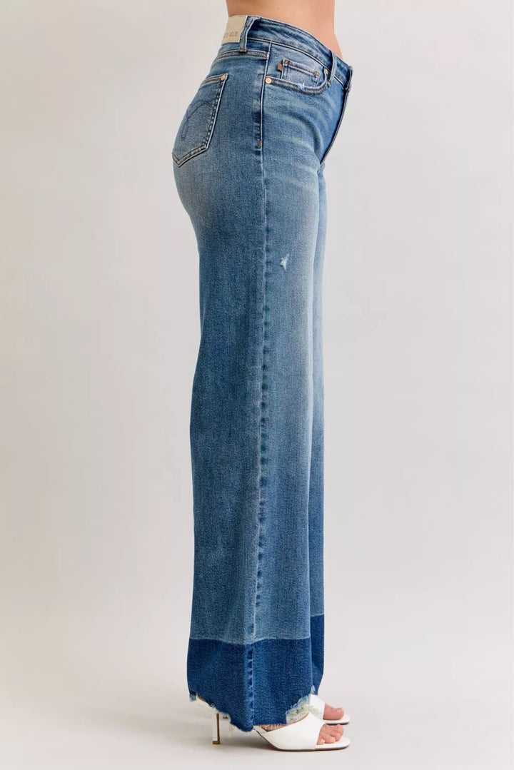 Raw hem high-rise column straight wide-leg jeans