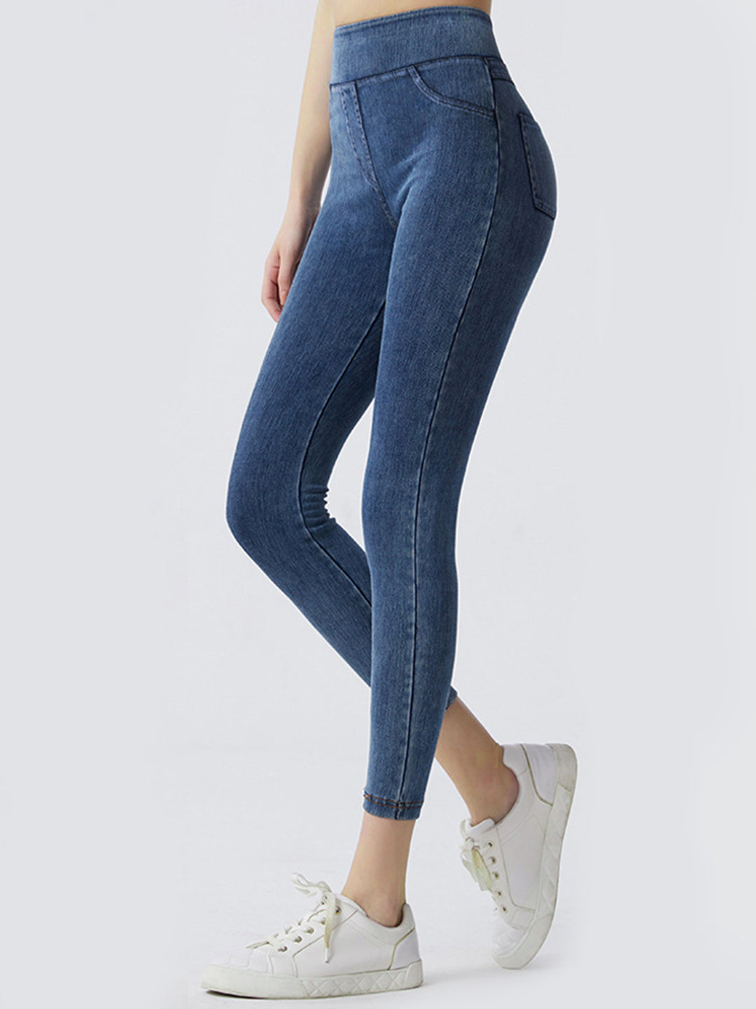 High-waist denim-look sports leggings with faux pockets