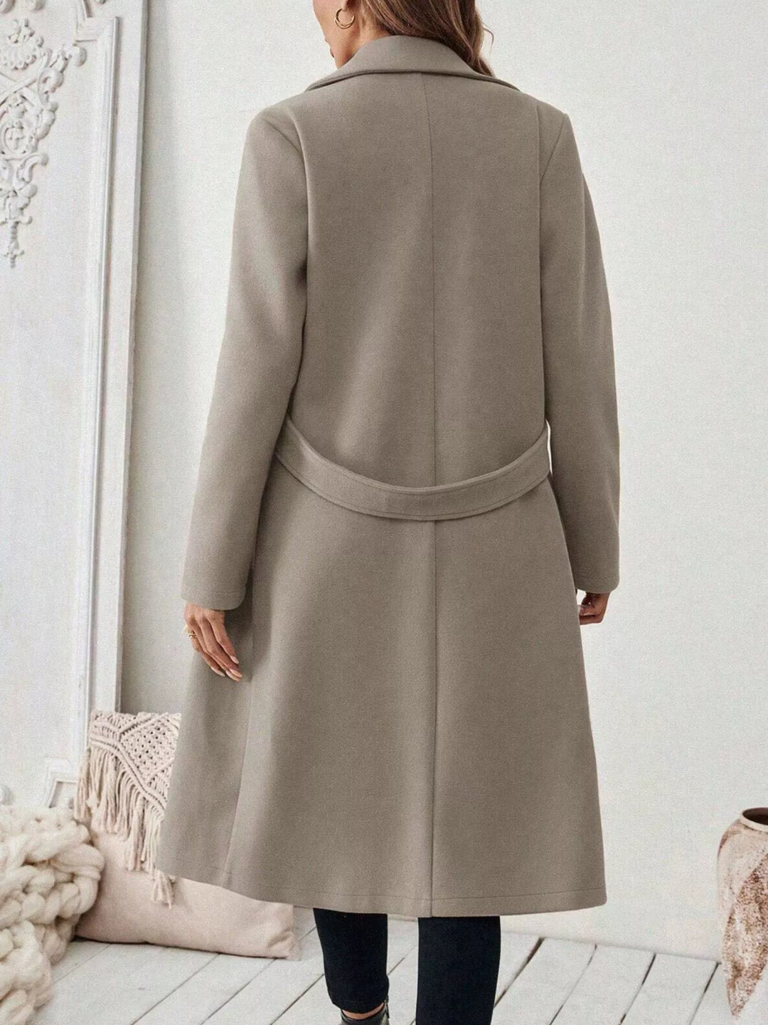 Notch lapel open-front longline coat with side pockets