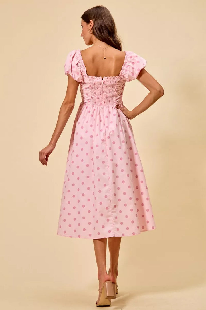 Polka dot puff sleeve midi dress with pleated bodice