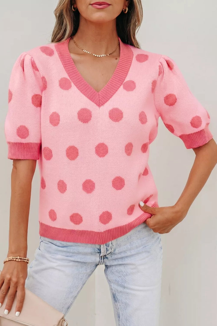 Polka dot puff sleeve v-neck knit sweater top
