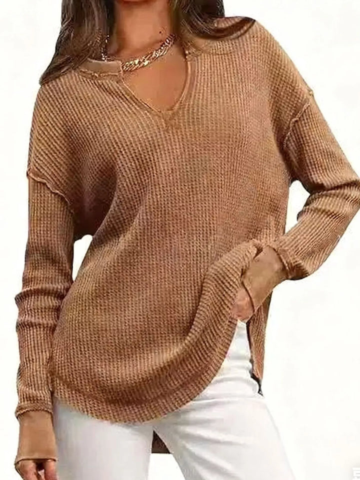 Khaki Waffle knit notched neck long sleeve tunic top