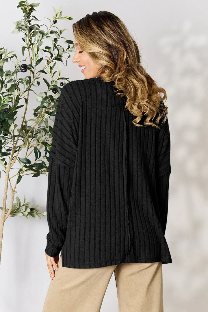 Ribbed knit round neck tunic top with side slits