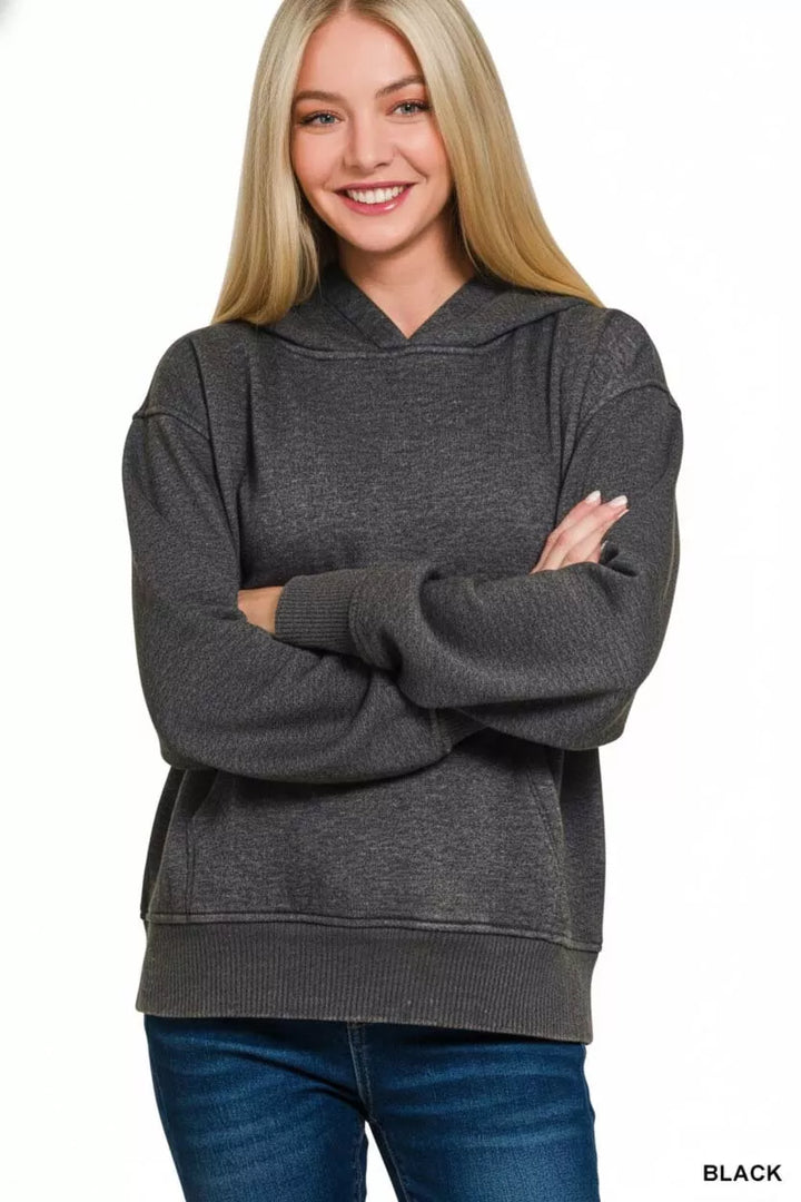 Acid wash fleece pullover hoodie with kangaroo pocket