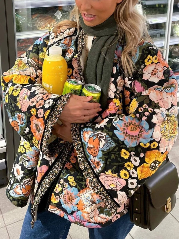 Floral print quilted jacket with sherpa lining and contrast trim
