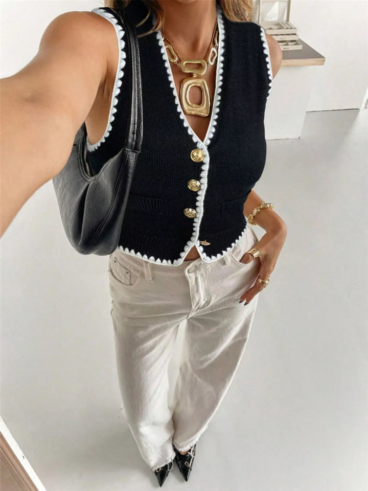 Contrast crochet-trim button-up sweater vest