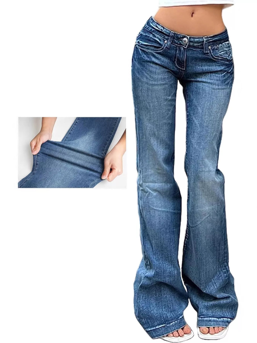 Low rise flare jeans with whiskered wash and full-length leg