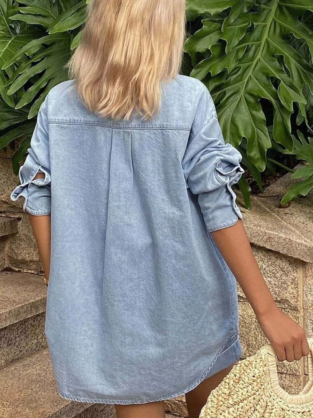 Oversized denim button-up shirt and cuffed shorts set