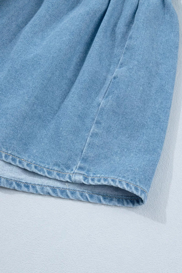Button-down puff sleeve denim mini dress with ruffle hem