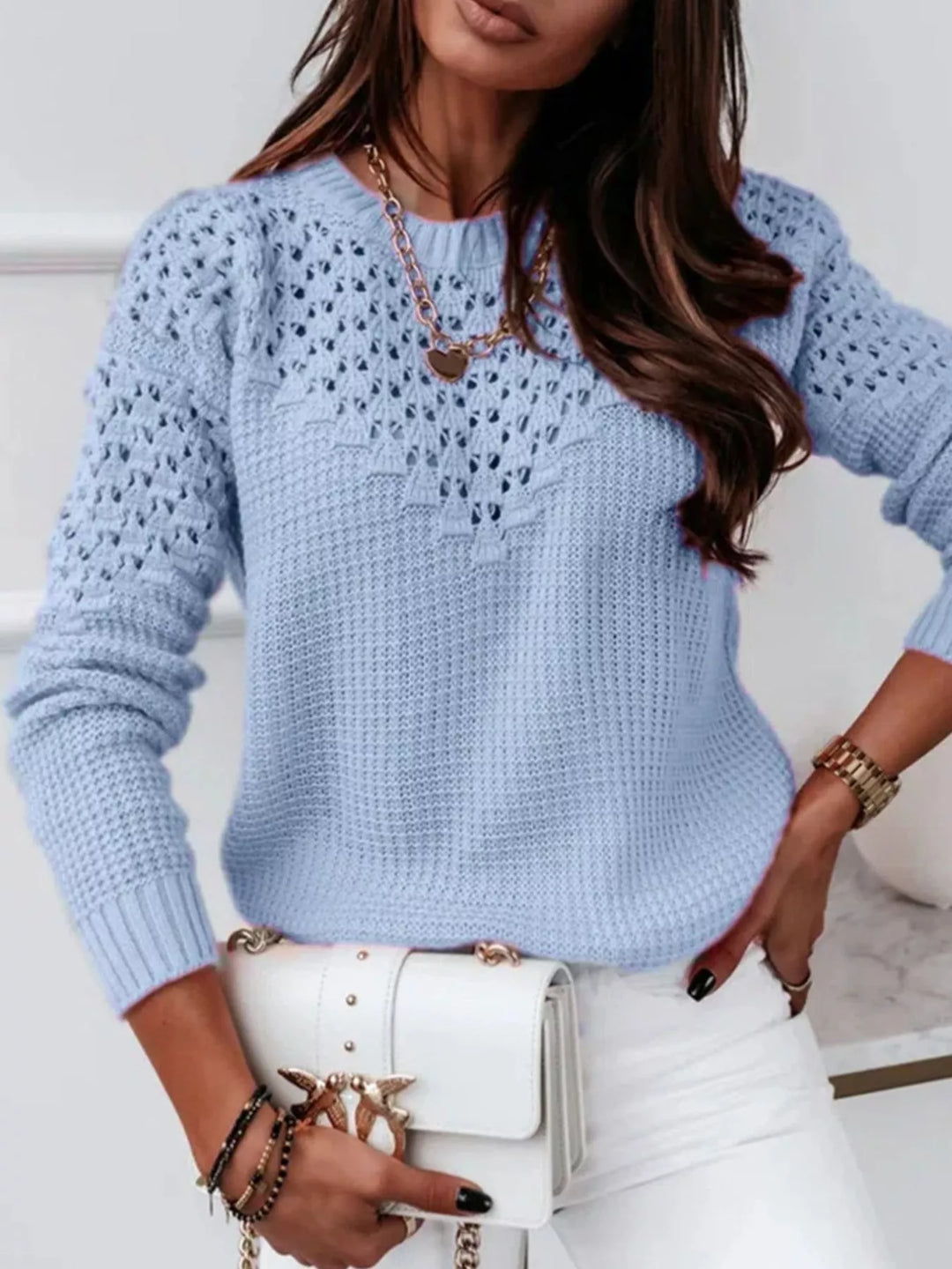 Light Blue Textured openwork knit round neck sweater