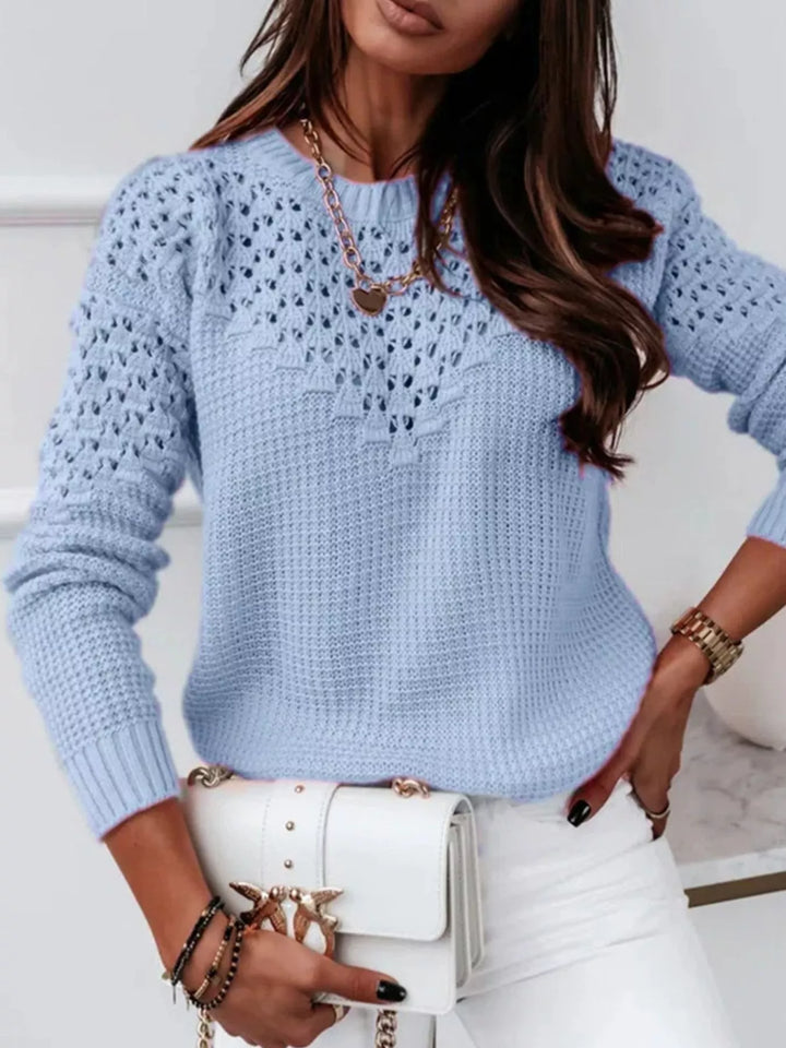 Light Blue Textured openwork knit round neck sweater
