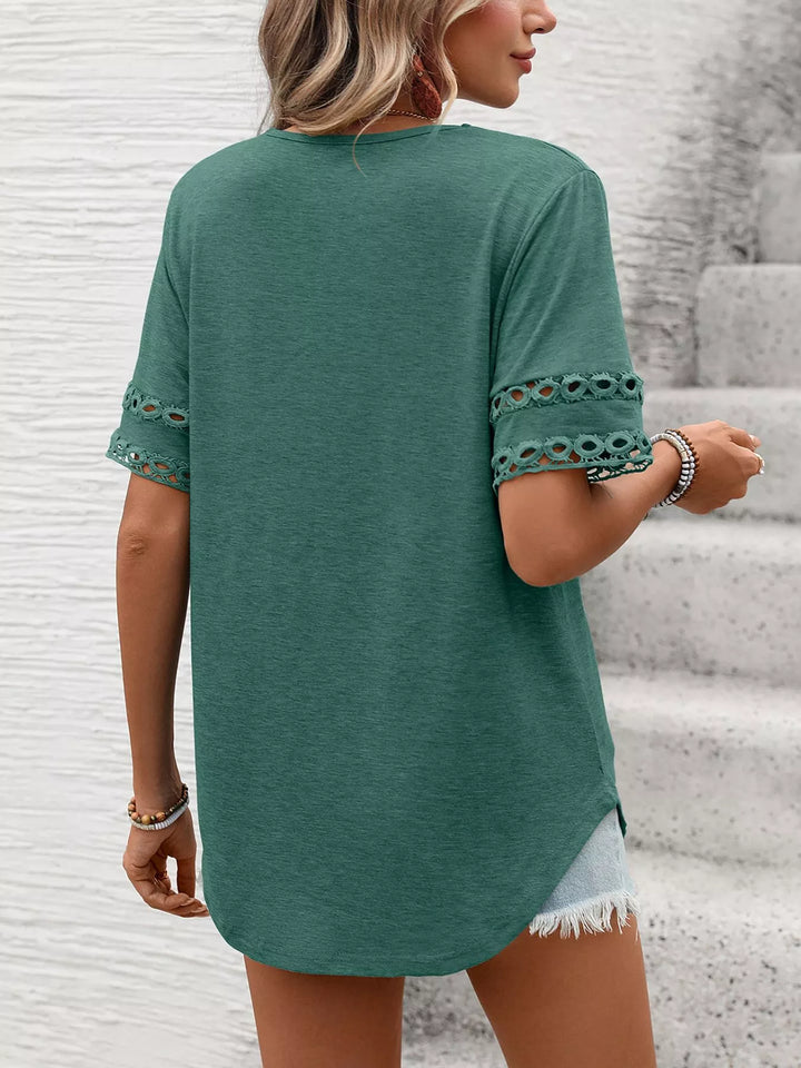 V-neck tee with crochet lace cutout sleeves