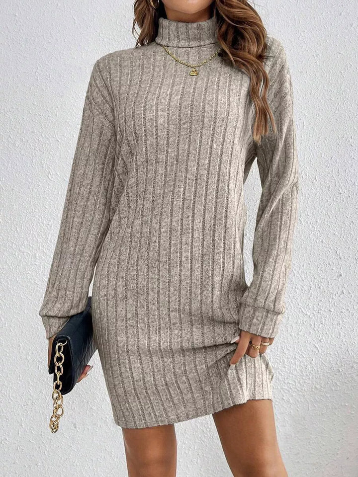Ribbed knit turtleneck sweater mini dress with long sleeves