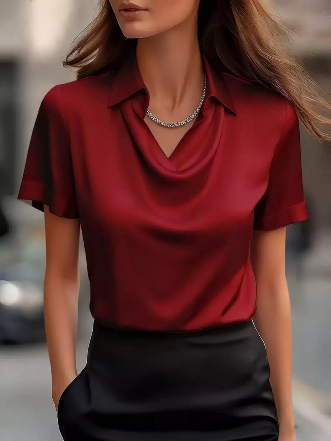 Wine Red Cowl neck satin blouse with collar and cuffed short sleeves