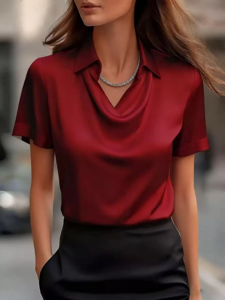 Wine Red Cowl neck satin blouse with collar and cuffed short sleeves