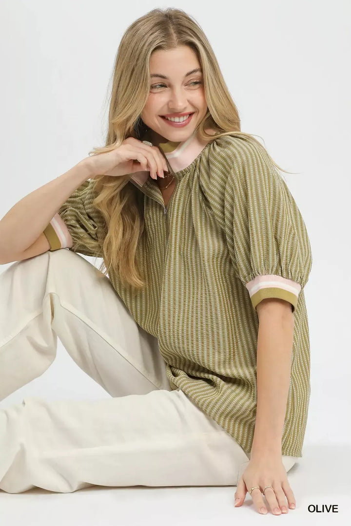 Botanical stripe half-zip blouse with puff sleeves