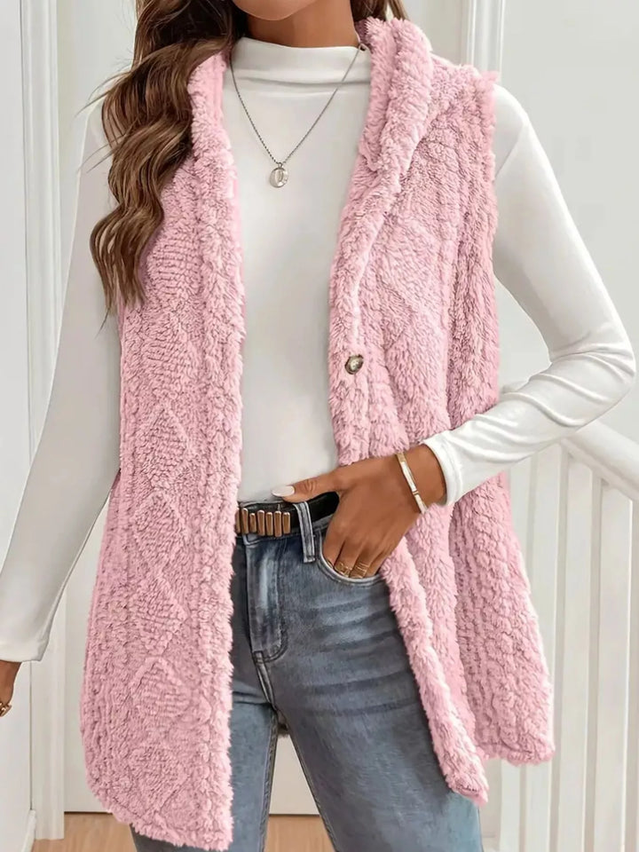 Blush Pink Textured sherpa hooded vest with button front