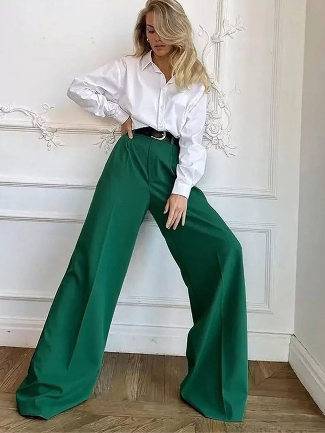 Pleated wide-leg dress pants with high-rise waist