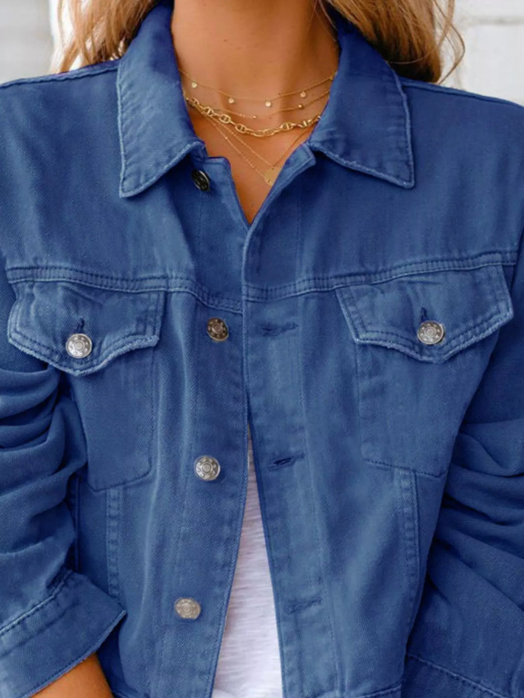 Cropped button-up denim jacket with chest pockets