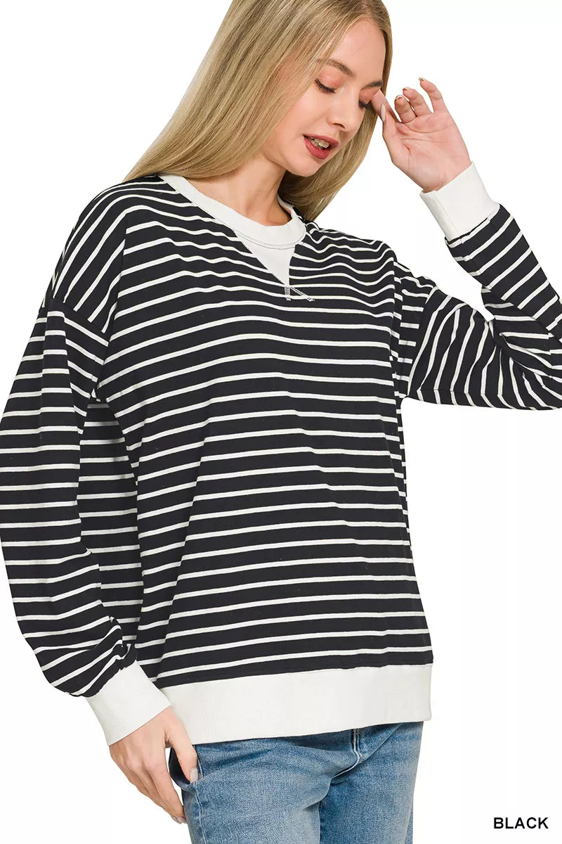Striped crewneck pullover with contrast ribbed trim