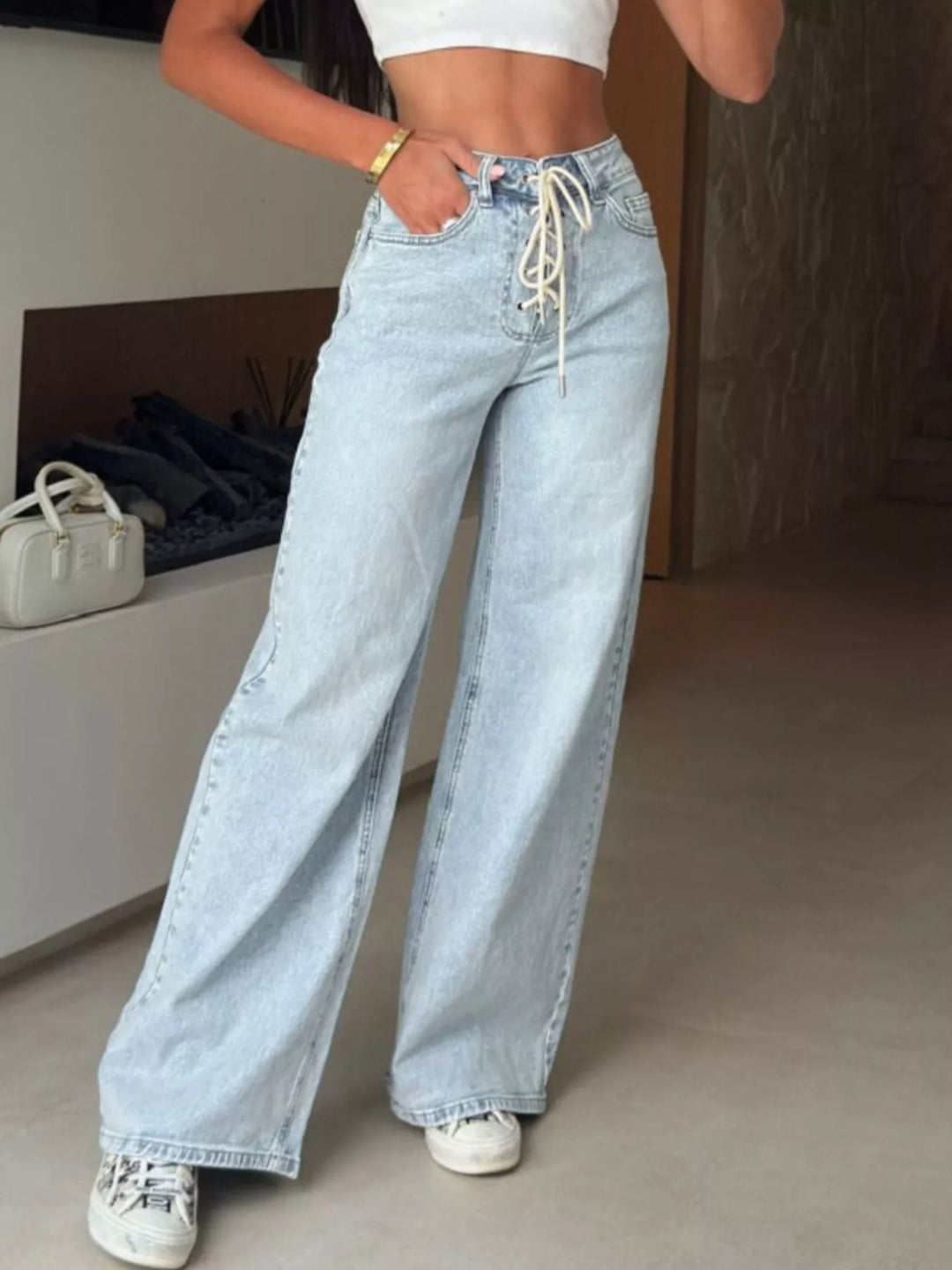 Lace-up corset-front high-rise wide leg jeans