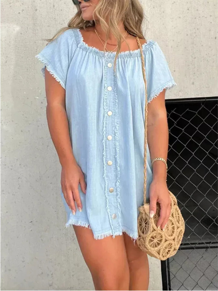 Light Blue Frayed off-shoulder button-down denim mini dress