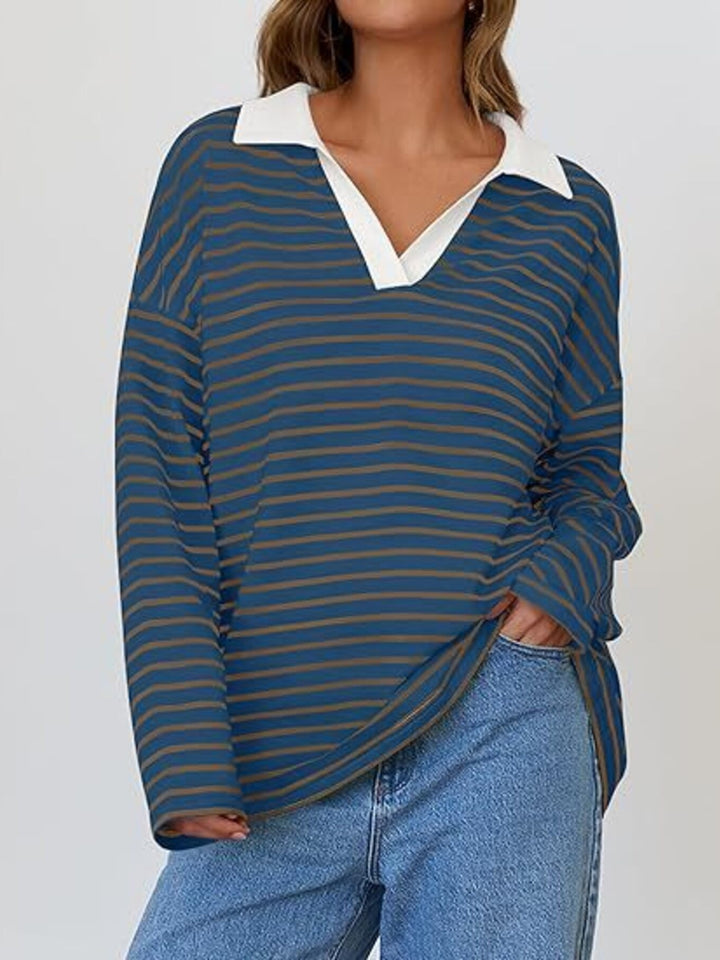 Striped oversized long sleeve top with contrast collar