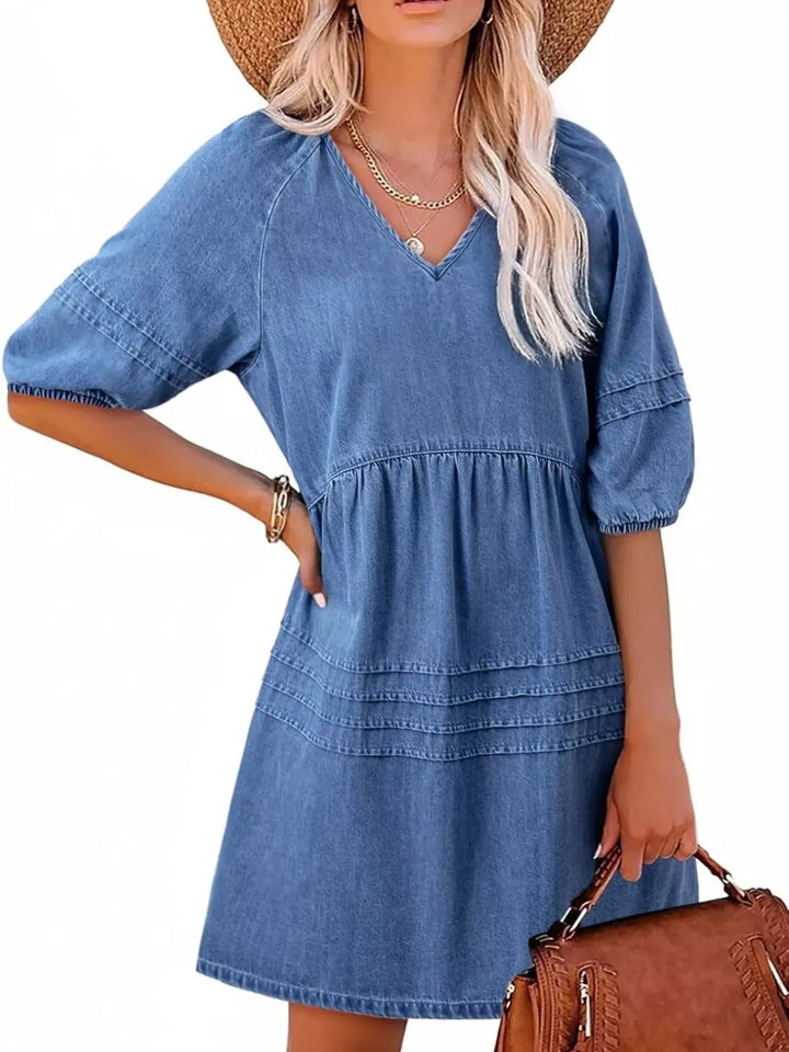 Blue V-neck puff sleeve denim mini dress with pintuck pleating