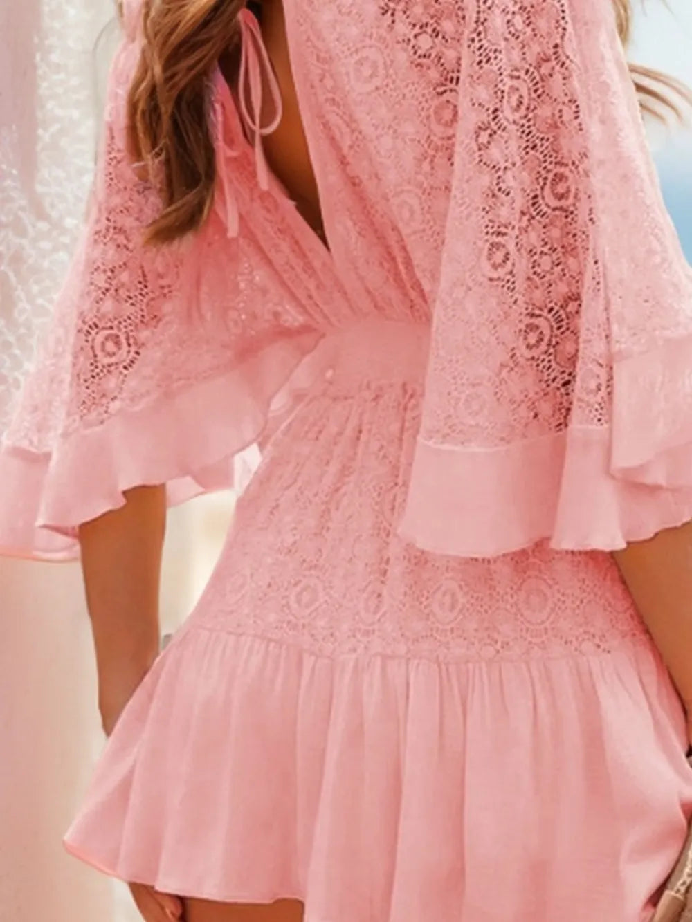 Ruffle-hem tie-back lace mini dress with flutter sleeves