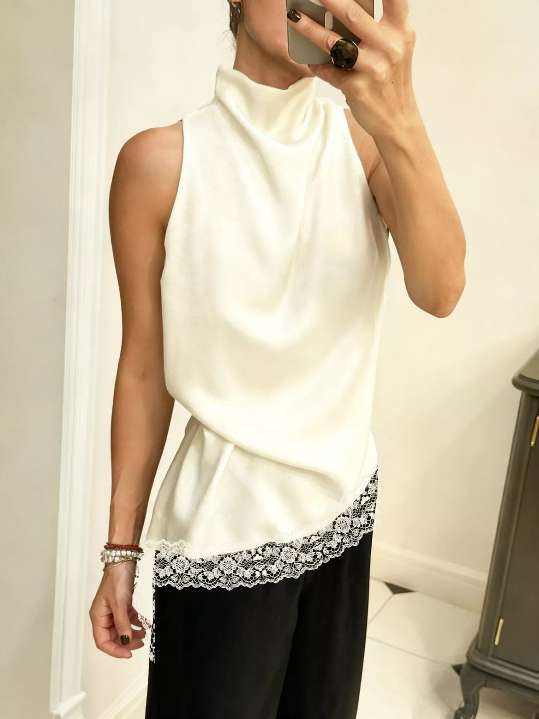 Ivory Asymmetric lace-hem satin cami with high cowl neck