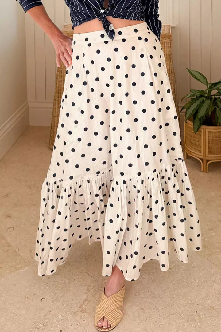 Polka dot ruffled maxi skirt with side slit and pockets
