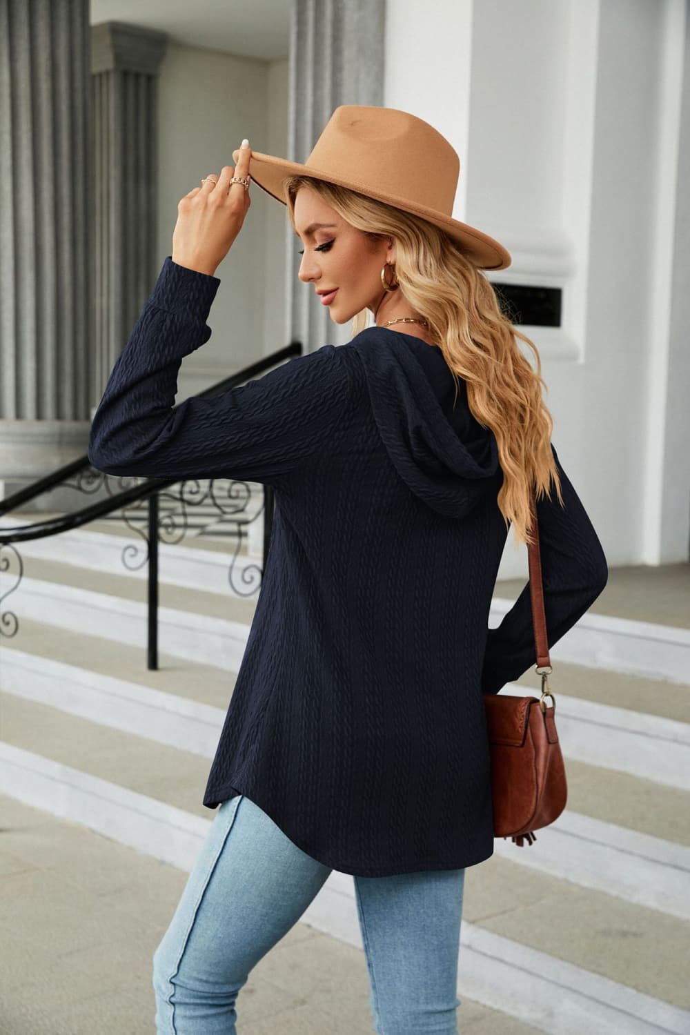 Cable knit hooded top with tie neck and button placket