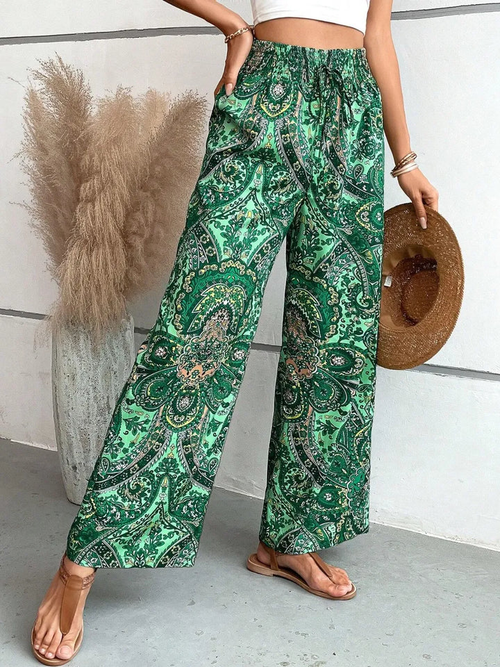 Paisley print wide-leg pants with drawstring waist