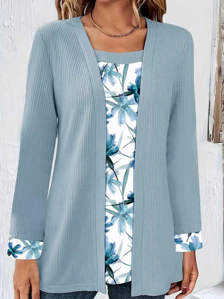 Light Blue Floral two-in-one layered top with ribbed knit cardigan