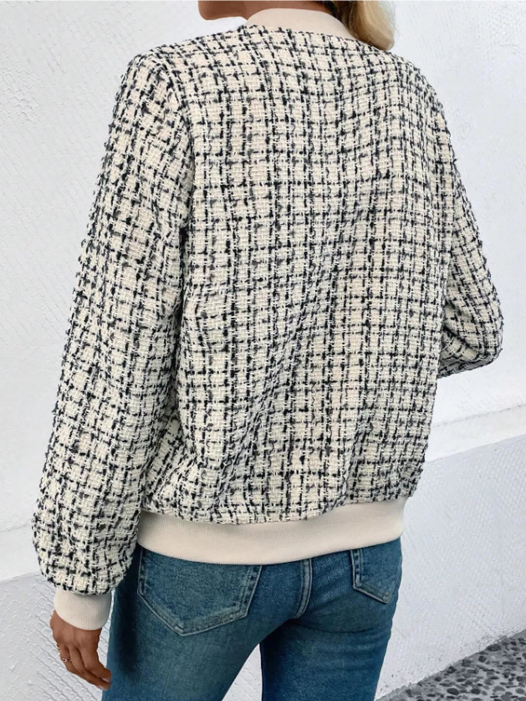 Tweed zip-up bomber jacket with ribbed trim