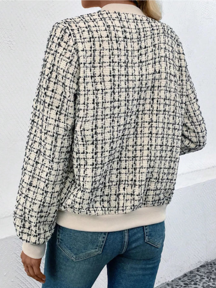 Tweed zip-up bomber jacket with ribbed trim