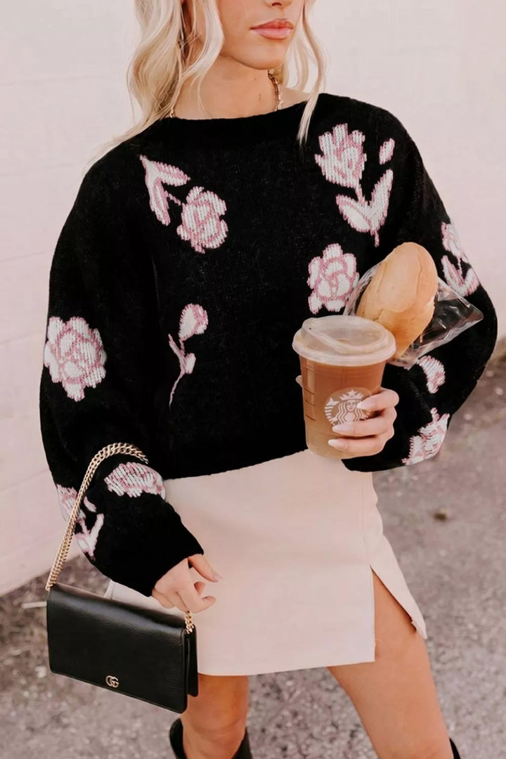 Floral jacquard puff sleeve cropped pullover sweater