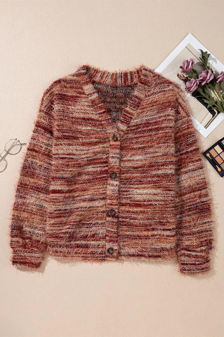 Fuzzy space-dye striped button-front cardigan sweater