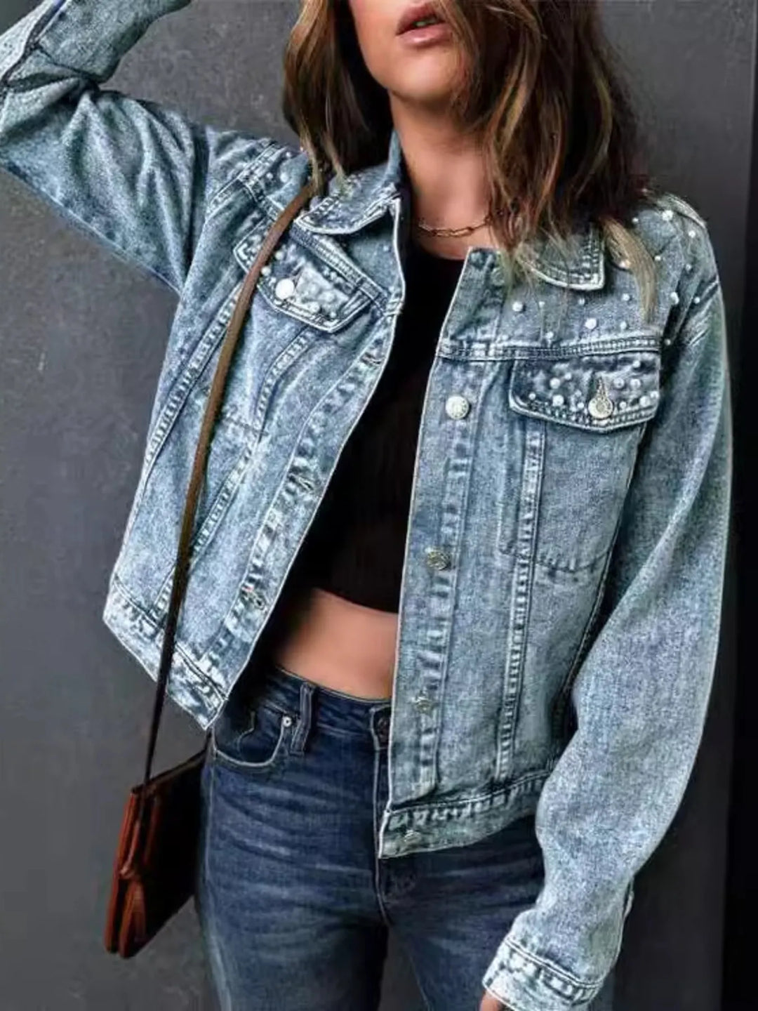 Pearl-detail button-up long sleeve denim jacket
